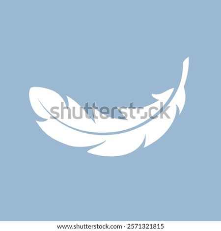 Light soft feather icon isolated on blue background. Vector flat illustration of simple white feather shape, abstract web design element.