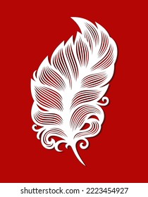 Clara, suave, suave, suave plumas, elegante hoja. Un adorable elemento decorativo blanco sobre un fondo rojo. Plantilla para el corte láser de papel, grabado de metal, tallado de madera, cnc. Ilustración vectorial.