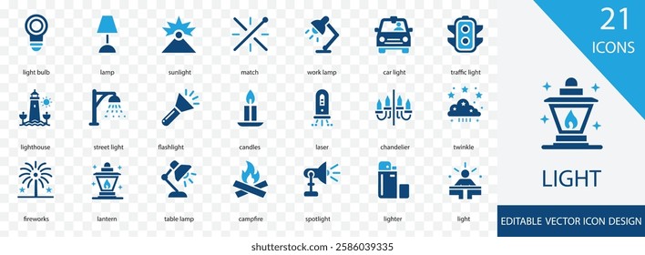 Light solid icon set. containing light bulb, lantern, lighthouse, street light, chandelier and more vector design  