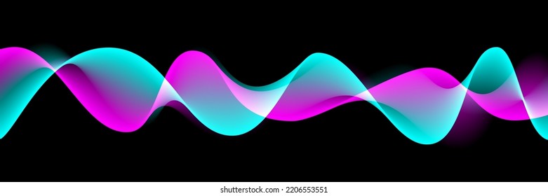 Light or sound neon waves with smoke effect vector illustration. Abstract pulses of energy and power, studio signal of voice volume, isolated futuristic motion, radio waves flow on black background