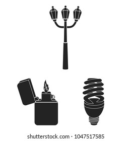 Light source black icons in set collection for design. Light and equipment vector symbol stock web illustration.