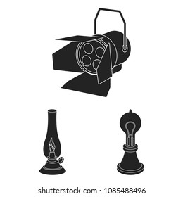 Light source black icons in set collection for design. Light and equipment vector symbol stock web illustration.