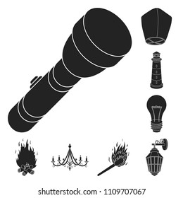Light source black icons in set collection for design. Light and equipment vector symbol stock web illustration.