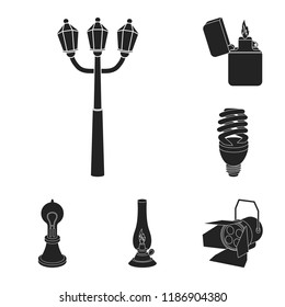 Light source black icons in set collection for design. Light and equipment vector symbol stock web illustration.