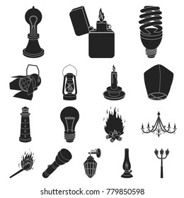 Light source black icons in set collection for design. Light and equipment vector symbol stock web illustration.