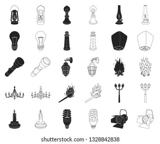 Light source black,outline icons in set collection for design. Light and equipment vector symbol stock web illustration.