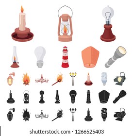 Light source cartoon, black icons in set collection for design. Light and equipment vector symbol stock web illustration.