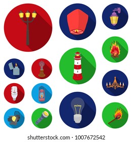 Light source flat icons in set collection for design. Light and equipment vector symbol stock web illustration.