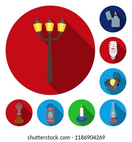 Light source flat icons in set collection for design. Light and equipment vector symbol stock web illustration.