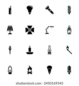 Light Source icon - Expand to any size - Change to any colour. Perfect Flat Vector Contains such Icons as bulb, torch, table lamp, spotlight, burning match, floor lamp, flashlight, lantern, bonfire