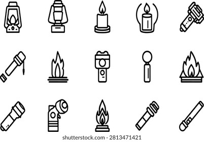 Light Source Icon Set, Flashlight and Candle Line Art Vector Collection