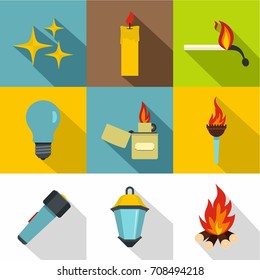 Light source icon set. Flat style set of 9 light source vector icons for web design