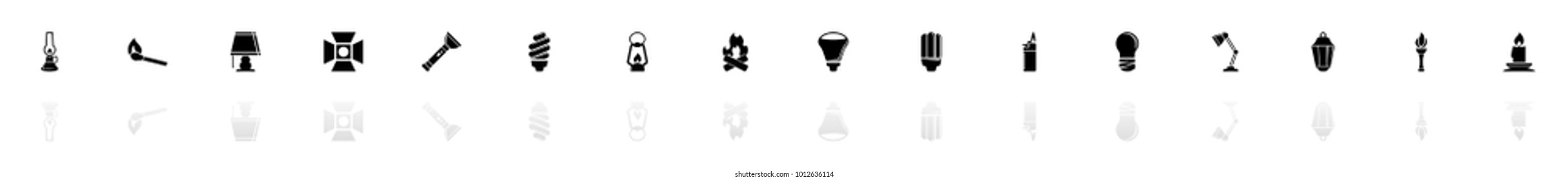Light Source icons - Black horizontal Illustration symbol on White Background with a mirror Shadow reflection. Flat Vector Icon.