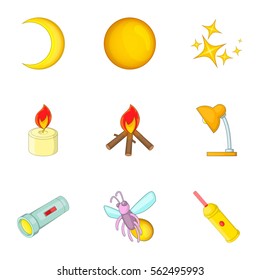 Light source icons set. Cartoon illustration of 9 light source vector icons for web