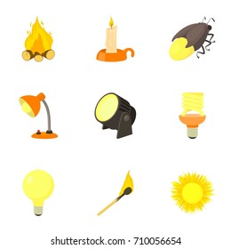 Light source icons set. Cartoon set of 9 light source vector icons for web isolated on white background