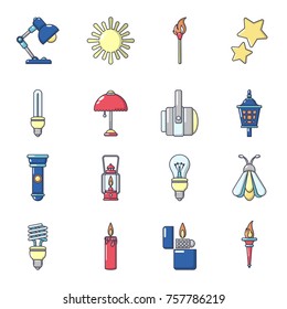 Light source icons set. Cartoon illustration of 16 light source vector icons for web