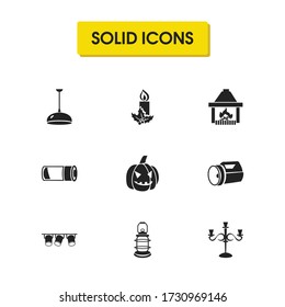 Light source icons set with lantern, stage spotlight and pumpkin lantern elements. Set of light source icons and torch concept. Editable vector elements for logo app UI design.