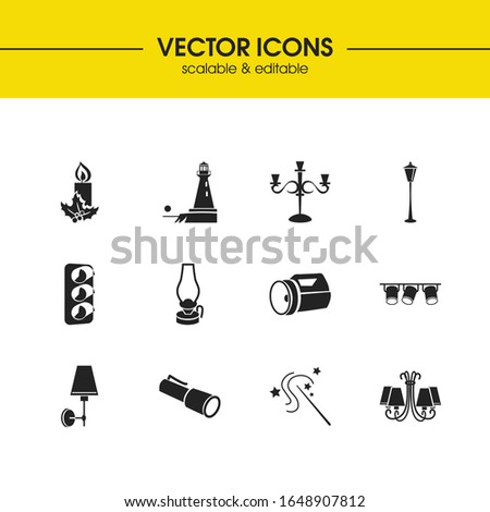 Light source icons set with lighthouse, traffic lights and wall sconce elements. Set of light source icons and lantern concept. Editable vector elements for logo app UI design.