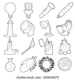 Light source icons set. Outline illustration of 16 light source items vector icons for web