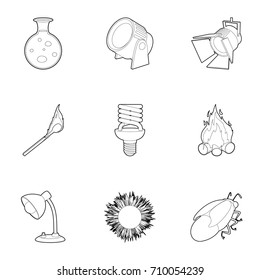 Light source icons set. Outline set of 9 light source vector icons for web isolated on white background