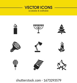 Light source icons set with paraffin, menorah and spiral bulb elements. Set of light source icons and garland concept. Editable vector elements for logo app UI design.