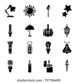 Light source icons set. Simple illustration of 16 light source vector icons for web