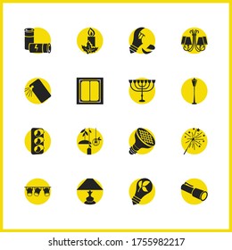 Light source icons set with sparkles, pocket torch and paraffin elements. Set of light source icons and fireworks concept. Editable vector elements for logo app UI design.