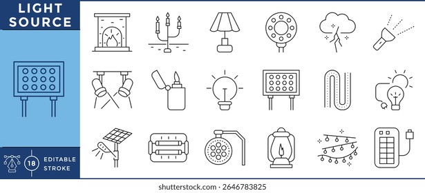 Light source icons set. Vector editable stroke with lamp, candle, lightning, torch, bulb, lighter, solar light, and many more.