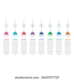 modelo infográfico de fonte de luz. modelo de informações de oito etapas. modelo infográfico para negócios, educação, indústria, mundo da tecnologia. modelo de informações para relatório anual, revista