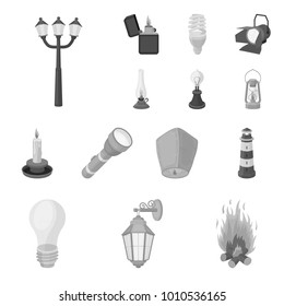 Light source monochrome icons in set collection for design. Light and equipment vector symbol stock web illustration.