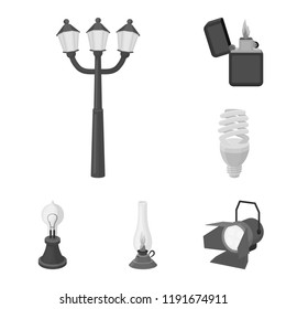 Light source monochrome icons in set collection for design. Light and equipment vector symbol stock web illustration.