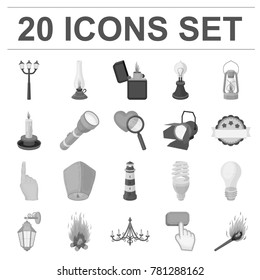 Light source monochrome icons in set collection for design. Light and equipment vector symbol stock web illustration.