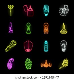 Light source neon icons in set collection for design. Light and equipment vector symbol stock web illustration.