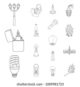 Light source outline icons in set collection for design. Light and equipment vector symbol stock web illustration.