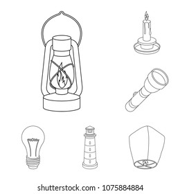 Light source outline icons in set collection for design. Light and equipment vector symbol stock web illustration.