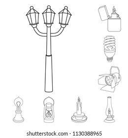 Light source outline icons in set collection for design. Light and equipment vector symbol stock web illustration.