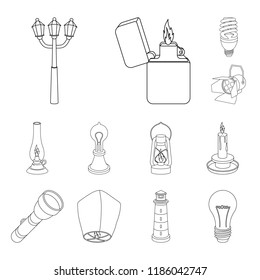 Light source outline icons in set collection for design. Light and equipment vector symbol stock web illustration.