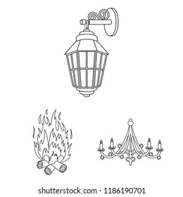 Light source outline icons in set collection for design. Light and equipment vector symbol stock web illustration.