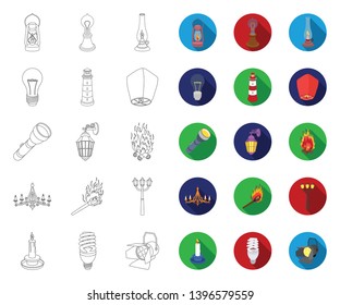 Light source outline,flat icons in set collection  design. Light and equipment vector symbol stock web illustration.