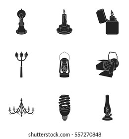 Light source set icons in black style. Big collection of light source vector symbol stock illustration