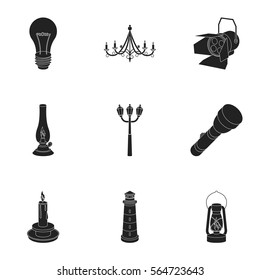 Light source set icons in black style. Big collection of light source vector symbol stock illustration