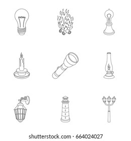 Light source set icons in outline style. Big collection of light source vector symbol stock illustration