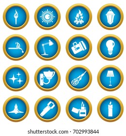Light source symbols icons blue circle set isolated on white for digital marketing