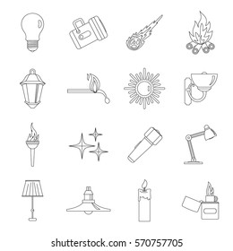 Light source symbols icons set. Outline illustration of 16 light source symbols items vector icons for web