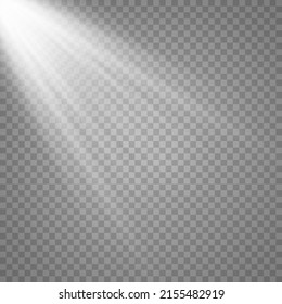 Light sources collection, concert lighting, stage beam spotlights lens flare effect and bright star. Light from a lamp, spotlight. Realistic white scene illumination on transparent background, vector