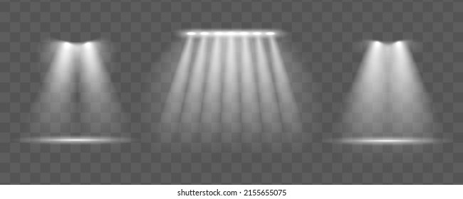 Light sources collection, concert lighting, stage beam spotlights lens flare effect and bright star. Light from a lamp, spotlight. Realistic white scene illumination on transparent background, vector