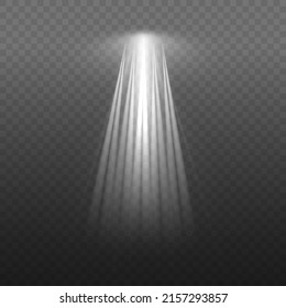 Light sources collection, concert lighting, stage beam spotlights lens flare effect and bright star. Light from a lamp, spotlight. Realistic white scene illumination on transparent background, vector