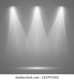 Light sources collection, concert lighting, stage beam spotlights lens flare effect and bright star. Light from a lamp, spotlight. Realistic white scene illumination on transparent background, vector