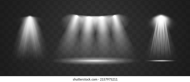 Light sources collection, concert lighting, stage beam spotlights lens flare effect and bright star. Light from a lamp, spotlight. Realistic white scene illumination on transparent background, vector