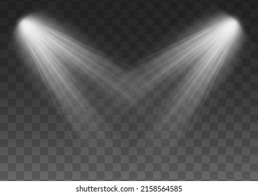 Light sources collection, concert lighting, stage beam spotlights lens flare effect and bright star. Light from a lamp, spotlight. Realistic white scene illumination on transparent background, vector